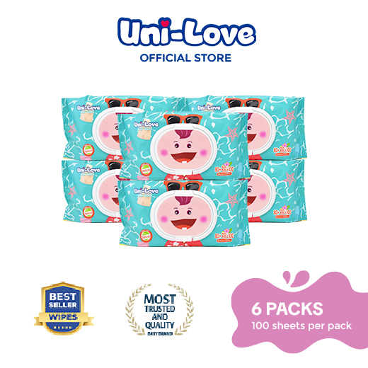 UniLove Baby Wipes Summer Edition (Boy) 100s Pack of 6 - 99.9% Water| Hypoallergenic | Alcohol Free | No harmful chemicals | with Aloe Vera | Safe & Gentle | FDA Approved