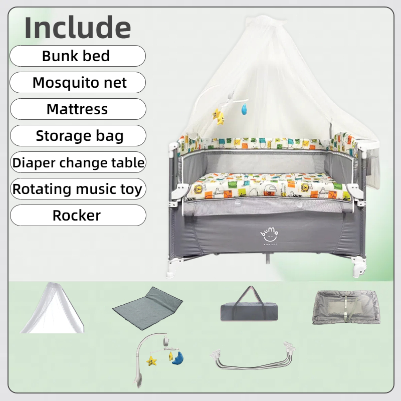 Crib for Kids Multifunctional Baby Crib and Playpen 2 Layer with Mosquito Net Diaper Changing Station Foldable Baby Bed with Diaper Table Kid Game Bed