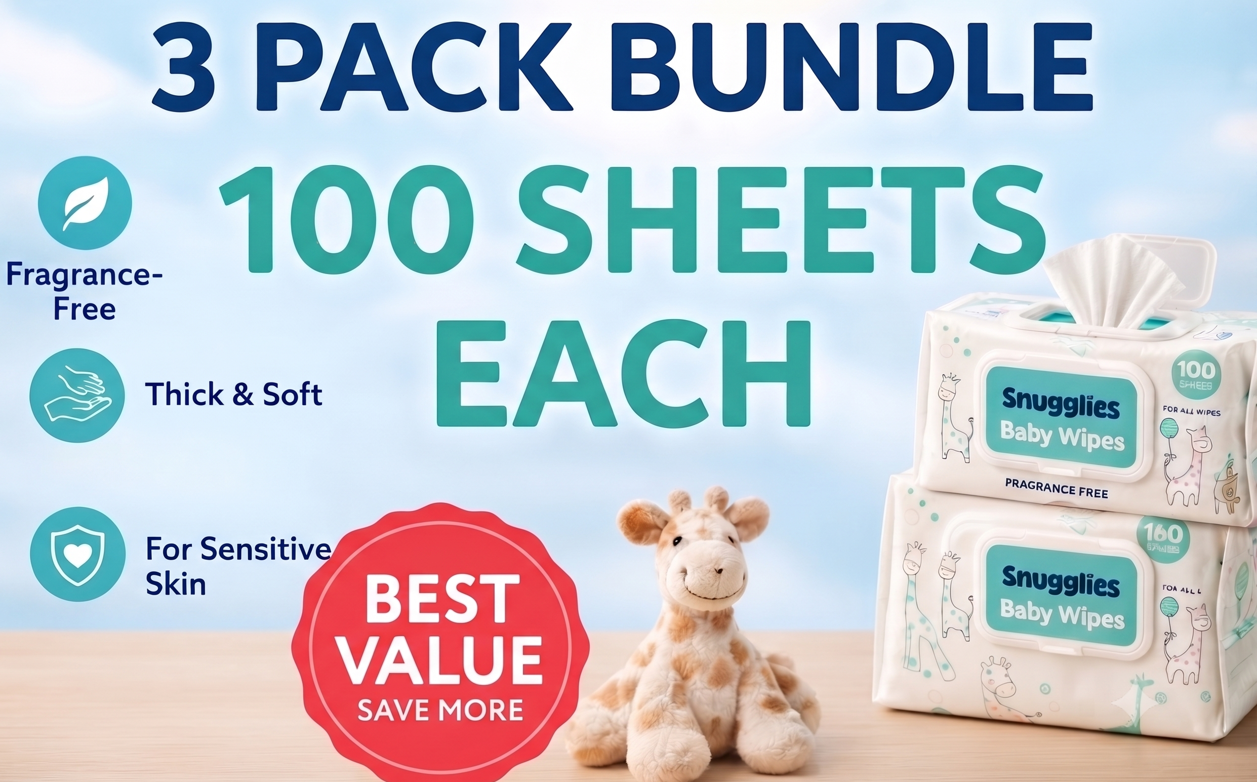 Gentle & Hypoallergenic Snugglies Baby Wipes - 3-pack Bundle -Imported | USA