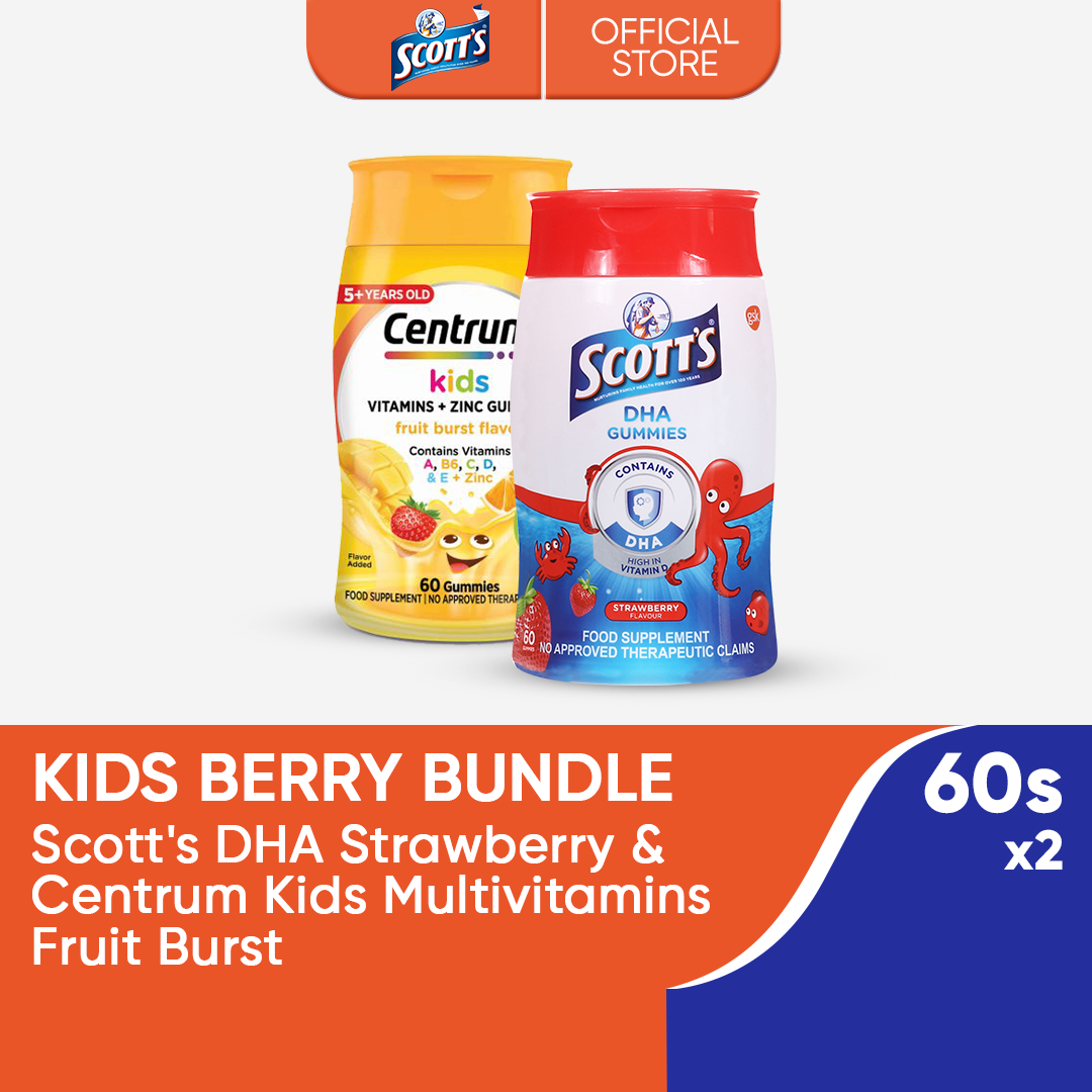 Kids Berry Bundle: Scotts Omega-3 DHA Gummies Strawberry 60s & Centrum Kids Multivitamin Gummies Fruit Burst