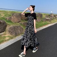 Womens Dresses Korean dress floral dress fake two piece stitching black dress for woman casual