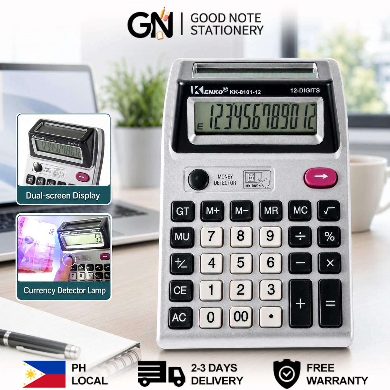 GN 12 Digits Dual Display Calculator with Money Detector KK-81011 Calculator Original- Battery Power