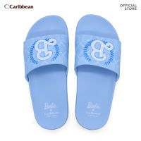Caribbean Barbie Ladies Slides: Venus Light Blue - Blue slides with Barbie logo and patterned strap.