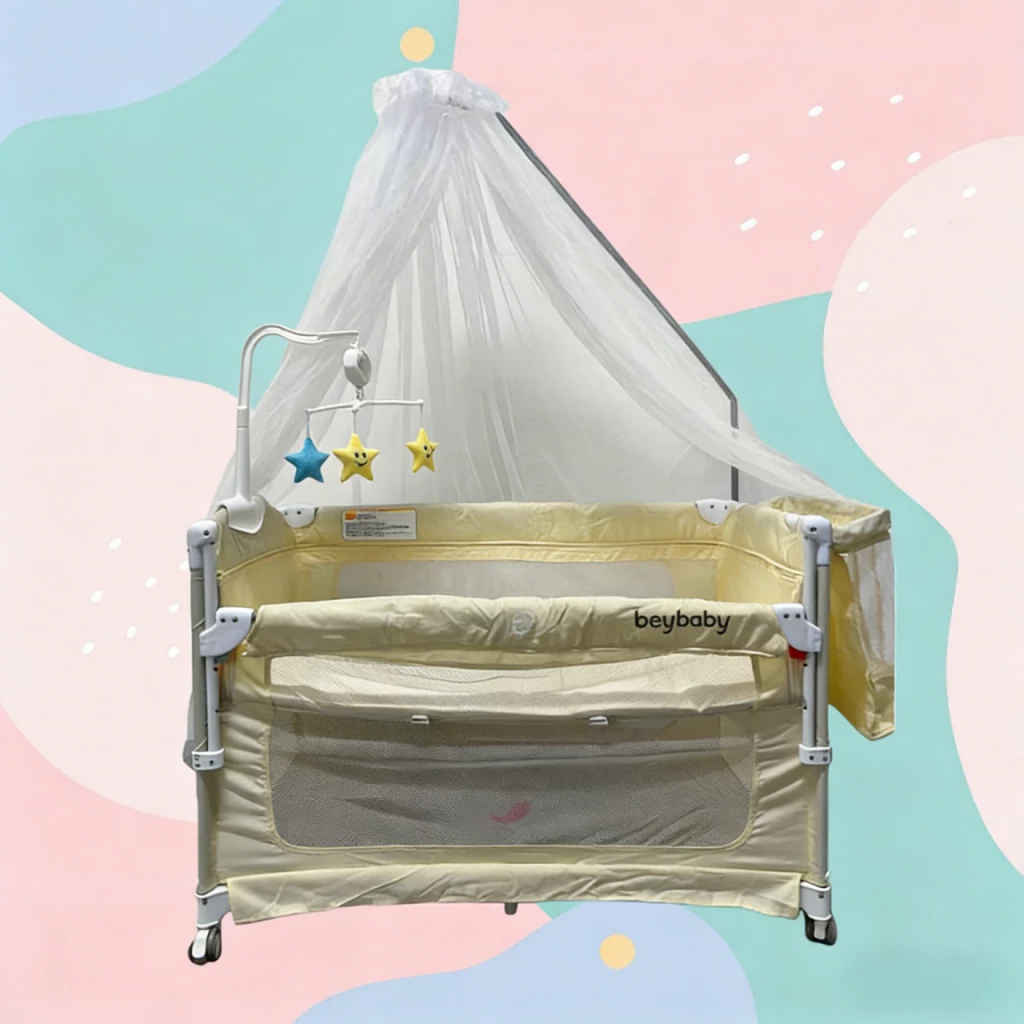 Baby Crib 2 Layer Foldable Portable Baby Playpen Travel Cot With mosquito net hanging toys storage basket Baby Bed For Toddler Co-sleeper Crib For Baby