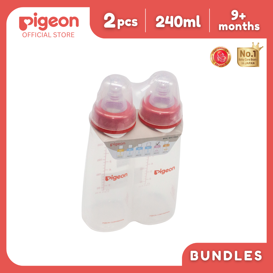 Pigeon Official - PP Slim Neck Standard Feeding Red Bottle Fast Flow 240ml (L) 9+ Months Twin Pack Anti Colic No Nipple Confusion BPA Free Soft Flexible Nipples Japan No. 1 Brand