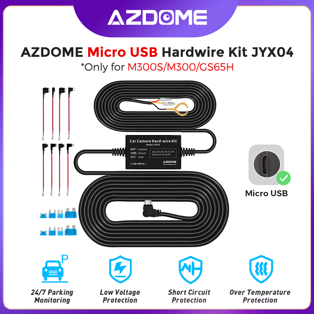 Azdome micro usb parking surveillance cable for dash cam m300/m300s, 24h parking monitoring, auto low voltage protection, hardwire kit jyx04 car power adapter cable for car camera recorder, dashboard camera