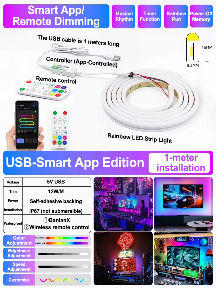 Smart Colorful Ambient Light Gaming LED Strip USB Flowing RGB IC Marquee Mood Light for Computer Desk