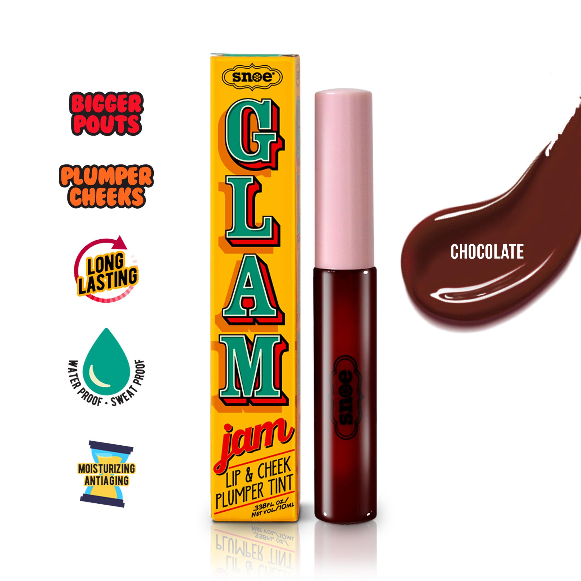 Snoe Beauty Glam Jam 3D Gel Lip & Cheek Tint in Chocolate | Blush Water Based Lip Makeup Long Lasting Lip Plumper Eye Makeup Cosmetics Brown