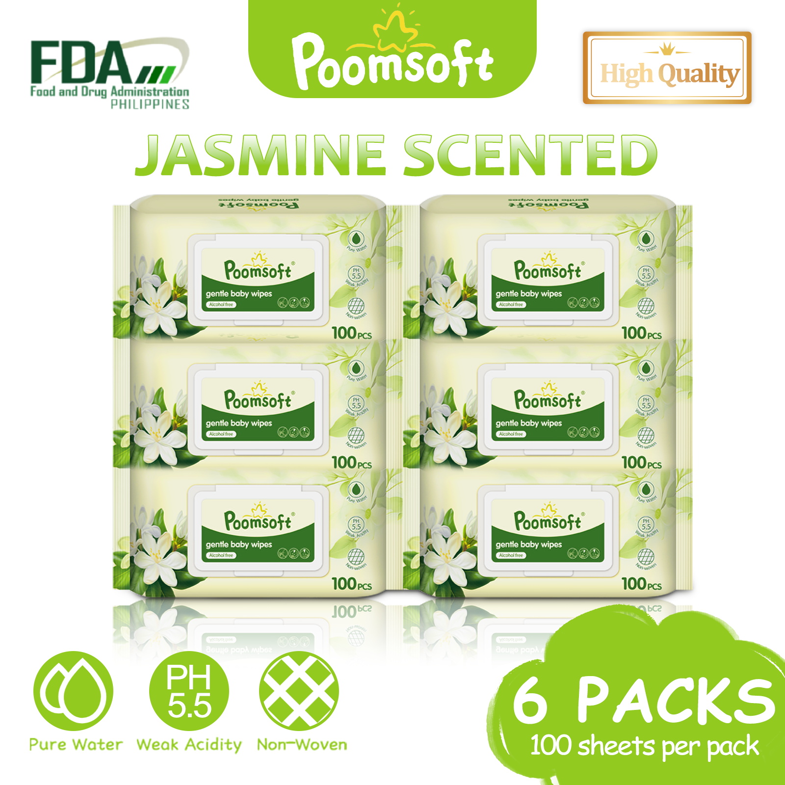 Poomsoft Jasmine Scented Baby Wipes Alcohol-free Gentle Wet Wipes for Baby 100s Pack of 6
