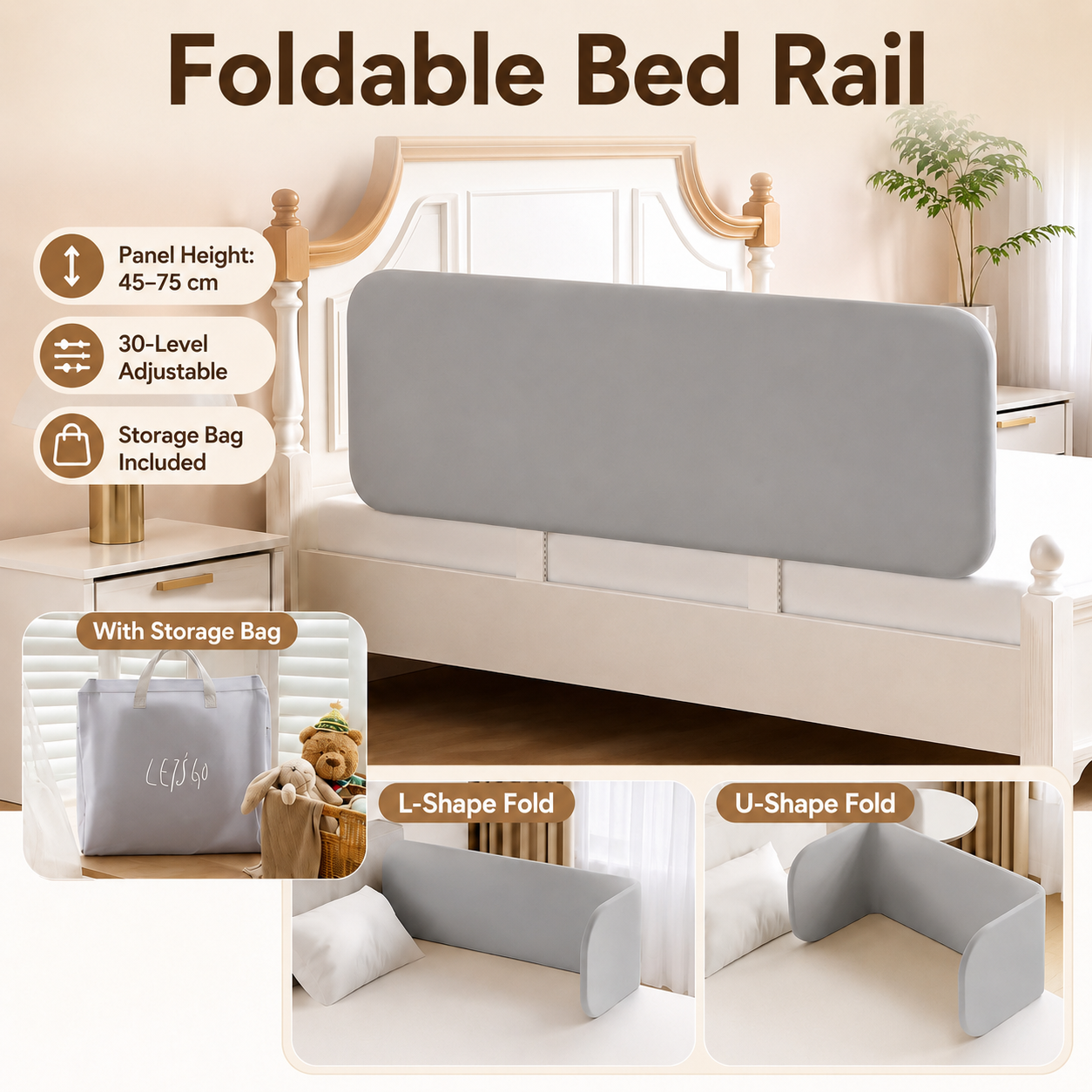 U Shape Baby Bed Fence Rail Foldable Bed Guardrail for Toddler Queen King Size Crib Fence Security Lock