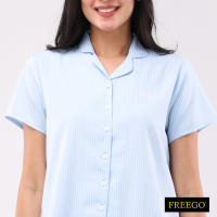 Freego Ladies Woven Stripes Oxford Short Sleeve Blouse AST04-0418 [Blouse for women]