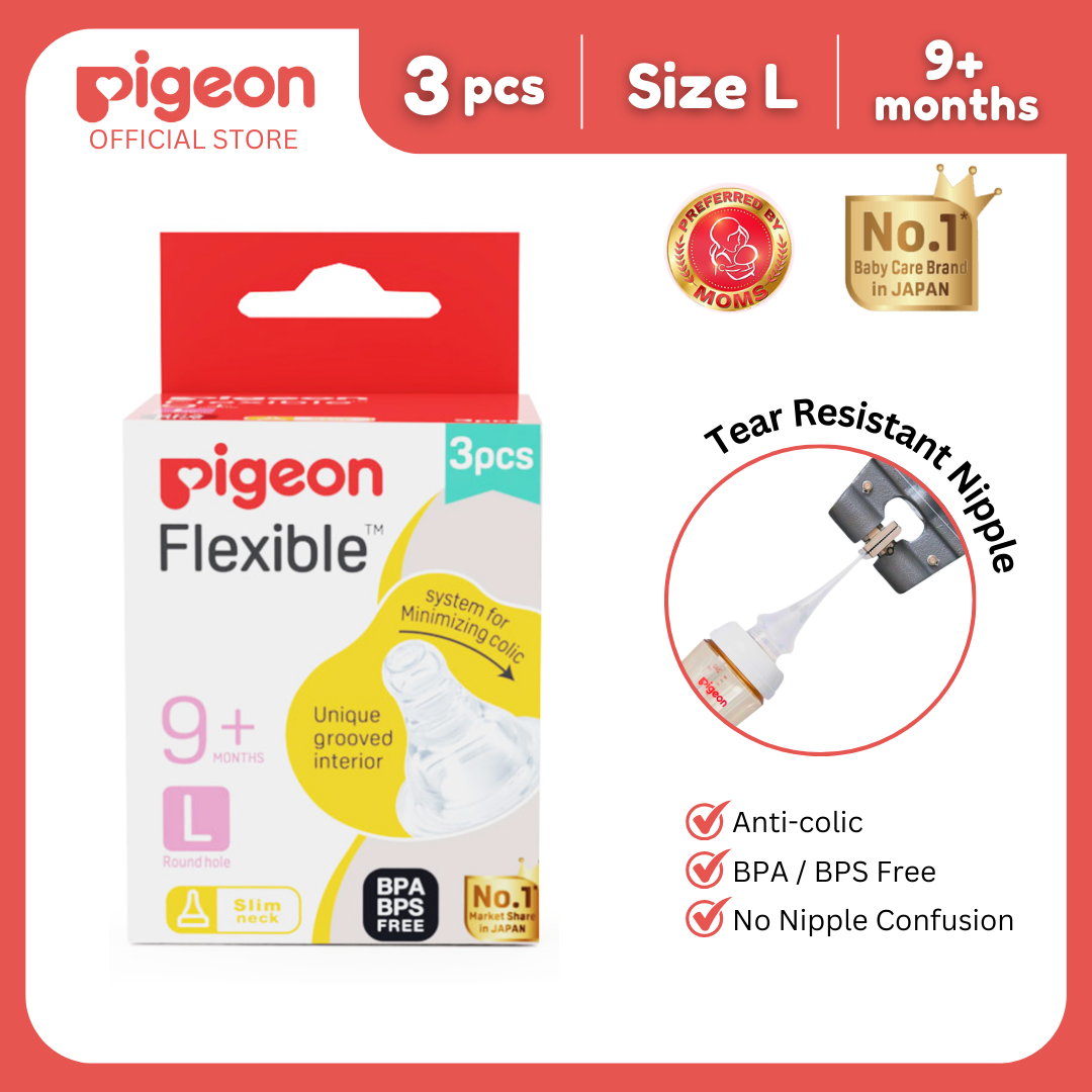Pigeon Official - Standard Slim Neck Peristaltic Nipple Size L Fast Flow for 9+months 3pcs per box Round hole Anti Colic No Nipple Confusion BPA Free Flexible Nipples Japan No. 1 Brand