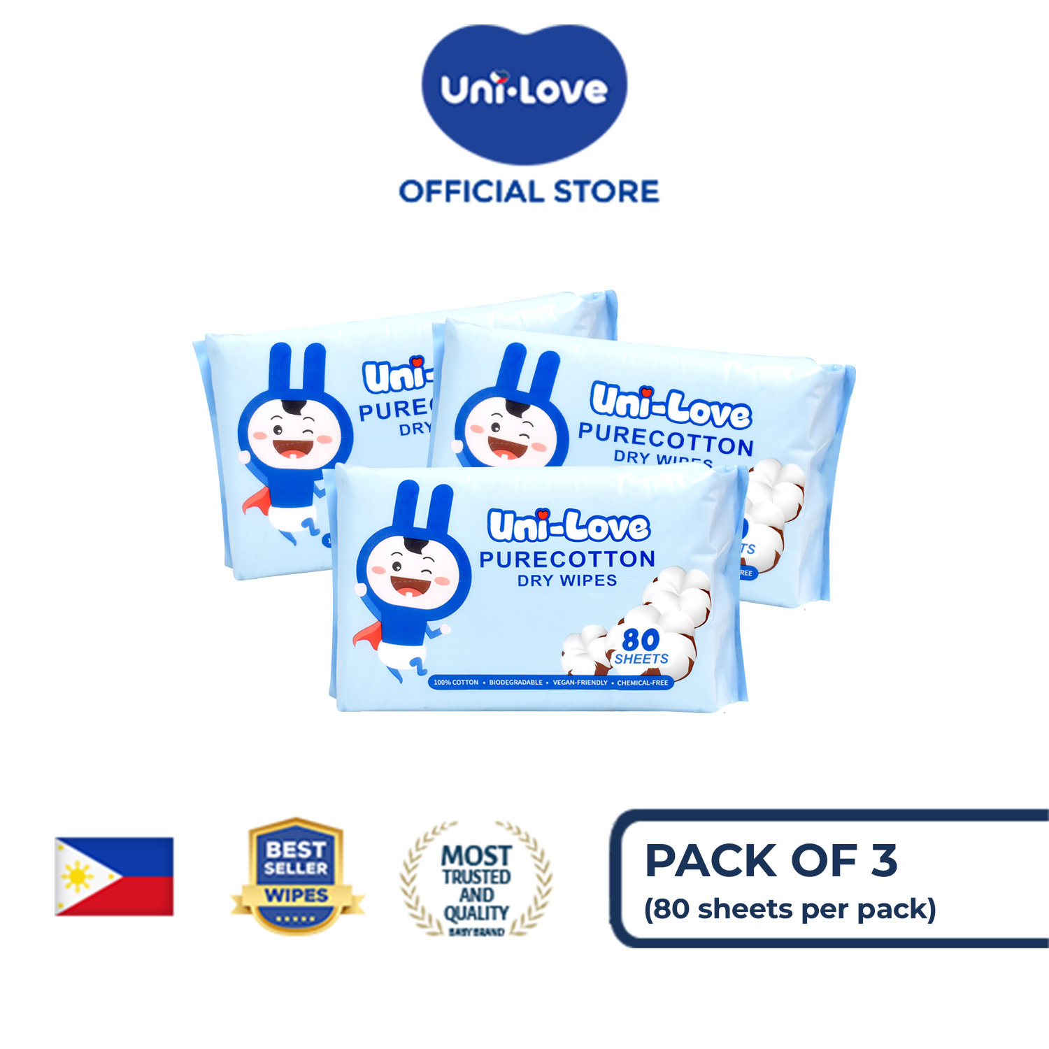 UniLove Purecotton Dry Wipes 80s Pack of 3