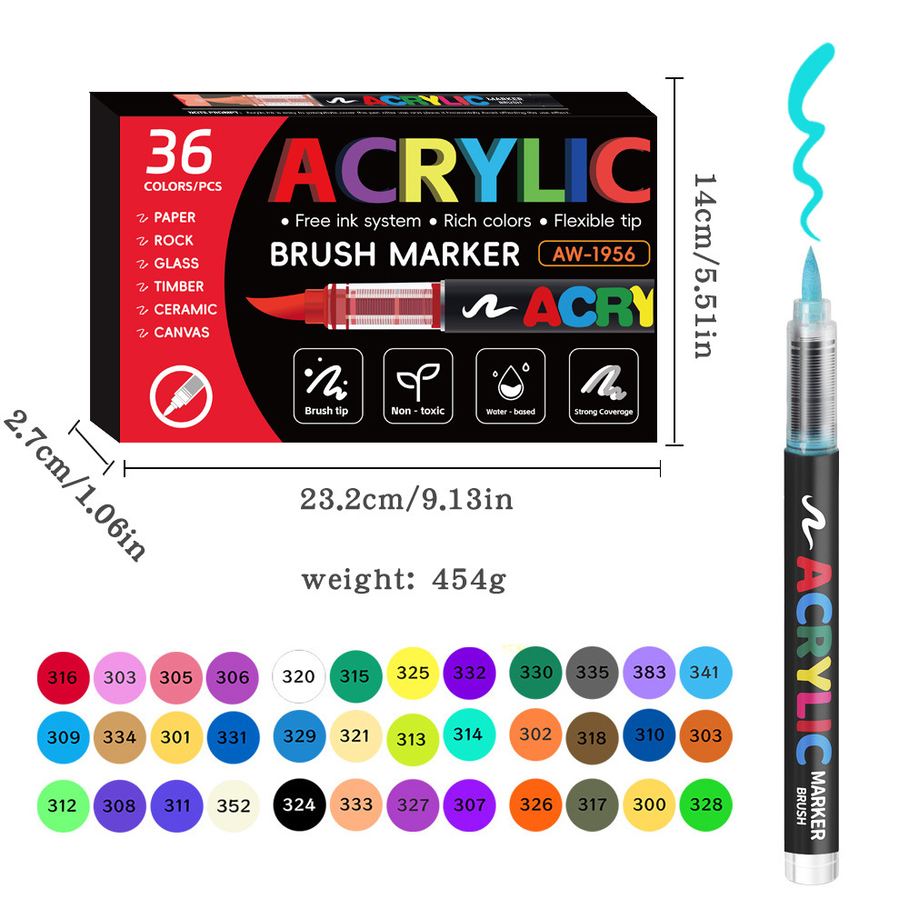 JIANTAI 12/24/36 Colors Acrylic Paint Markers Brush Tip Water Based Acrylic Markers with Automatic Ink Control System Waterproof Acrylic Paint Pens for Rock Painting Wood Fabric Egg Christmas Gift