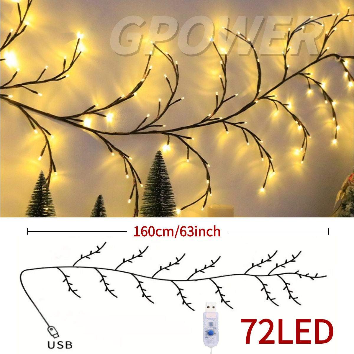 GPower LED Branch Vine Lamp 72/96/144 LEDS Bendable Willow Vine Light 8 Moes Light USB Operated Decorative Lamp for Home DIY Decoration