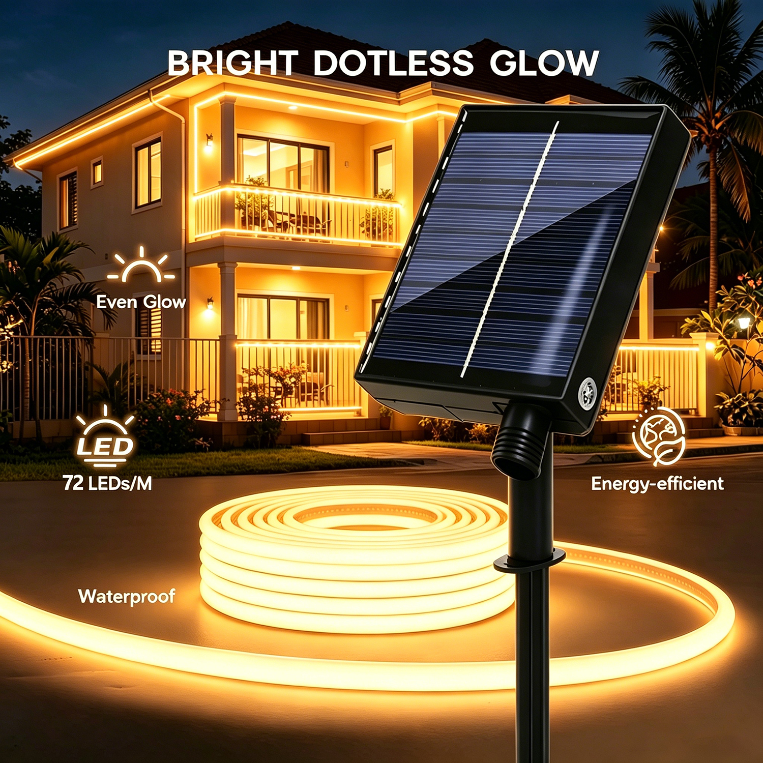 Solar Neon Strip Light Outdoor Waterproof Solar Power Rope Lights with Panel Flexible light for Garden Cafe Carport Warm