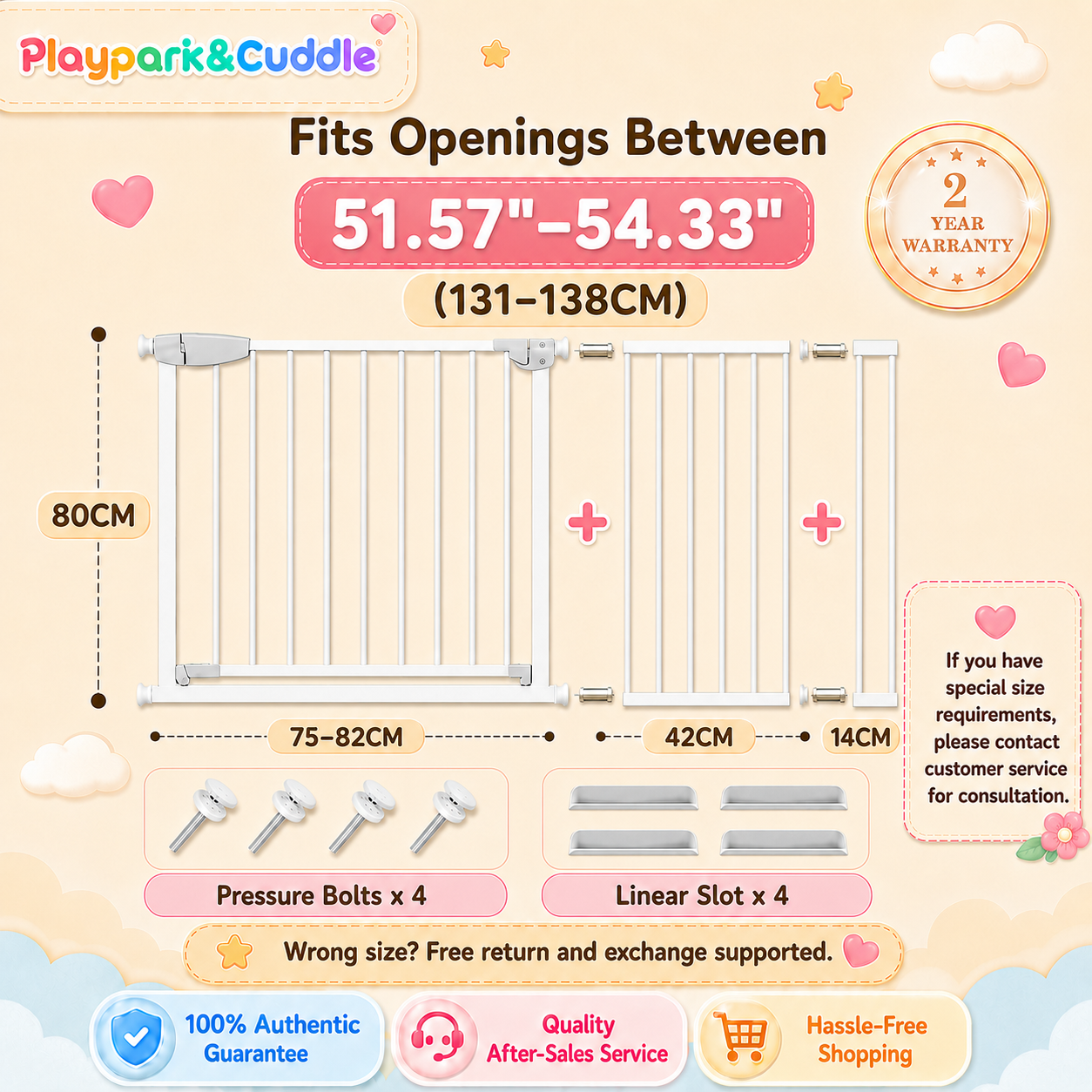 PlayPark Baby Safety Gate Dog Gate Adjustable Safety Fence for Stairs Door Indoor Barrier Guard for Baby Kids Pets