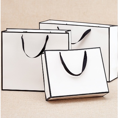 5pcs | White Paper Bag W/ Black Border Gift Craft Paper Gift Plain Rope Handle Hand bag