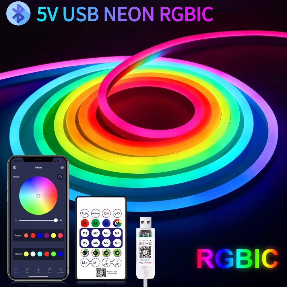 AceDeal [Support Lalamove Bulk Orders] Neon RGBIC Light Strip 5V USB Bluetooth App Remote Control Dimming Change Color Music Sync LED Strip Light Flexible Outdoor Waterproof Neon Light Running Flow Neon Strip E-Sports Room Home Decoration
