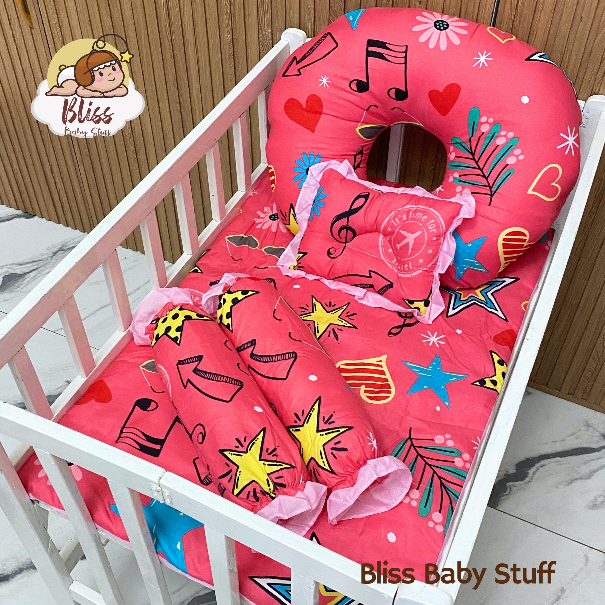 7-in-1 Crib Set with Nursing Pillow for Newborn Baby with FREE GIFT - Dinosaur Patterned Bedding Set - Crib not included