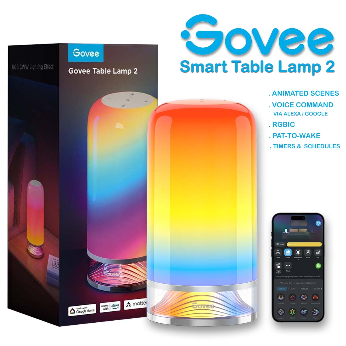 Govee RGBICWW Smart Table Lamp LED Desk Lamp work with Matter Alexa Google Home Pat-to-wake Timer and Schedules