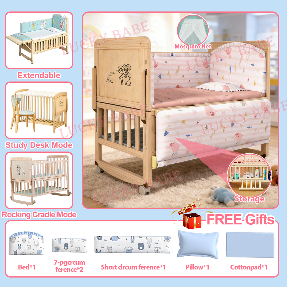 【BABE】Kuna Wooden Crib on sale wooden shelves bed chair crib for baby Rocker Crib with Mosquito Net and Diaper Changing Table Baby Crib Nursery Playpen Solid wood unpainted baby bed bb cradle bed