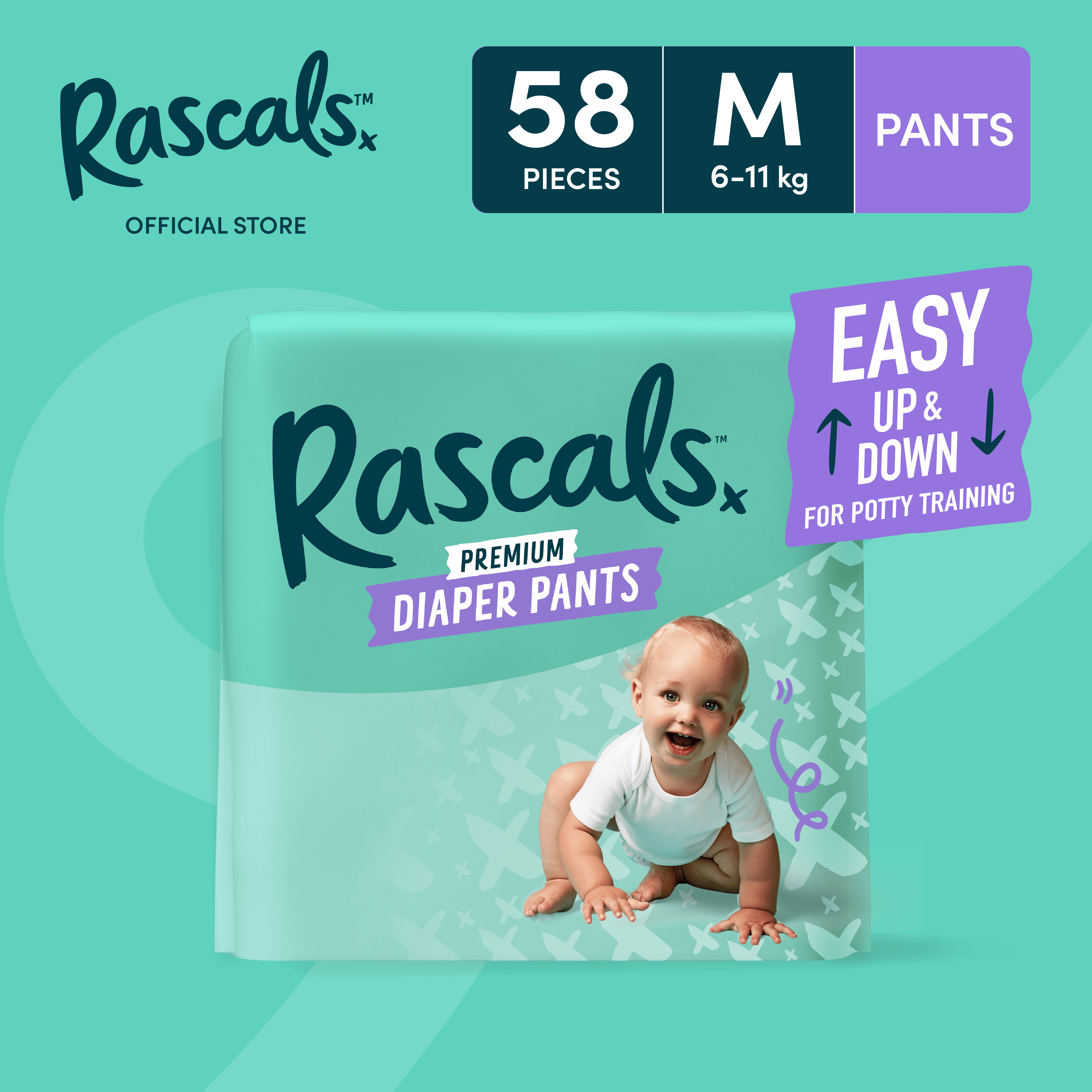 RASCALS Pants Jumbo Pack Medium (6-11 kgs) - 58 pcs x 1 (58pcs) - Diaper Pants