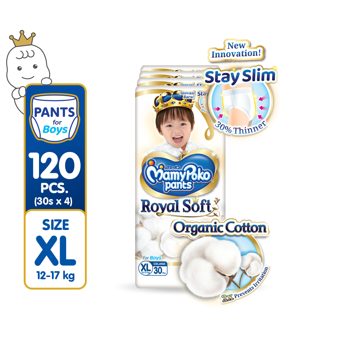 MAMYPOKO Royal Soft Organic Cotton Baby Disposable Diaper Pants Boy XL 30 pcs x 4 packs (120 pcs)