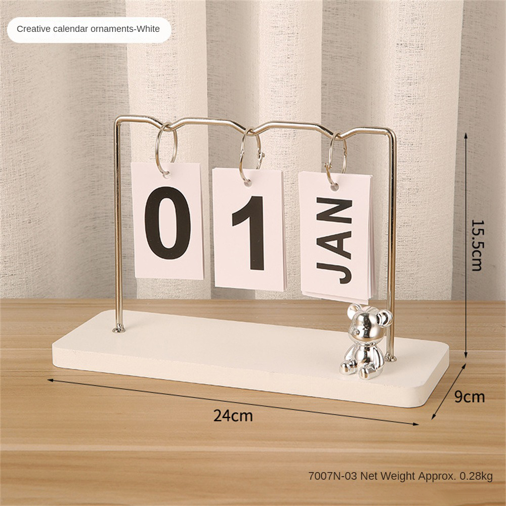 Creative Vintage Bear Desk Calendar Metal Wooden Perpetual Creative Desktop Chic Flip Decoration Home Office Flip Calendar Perpetual earphea