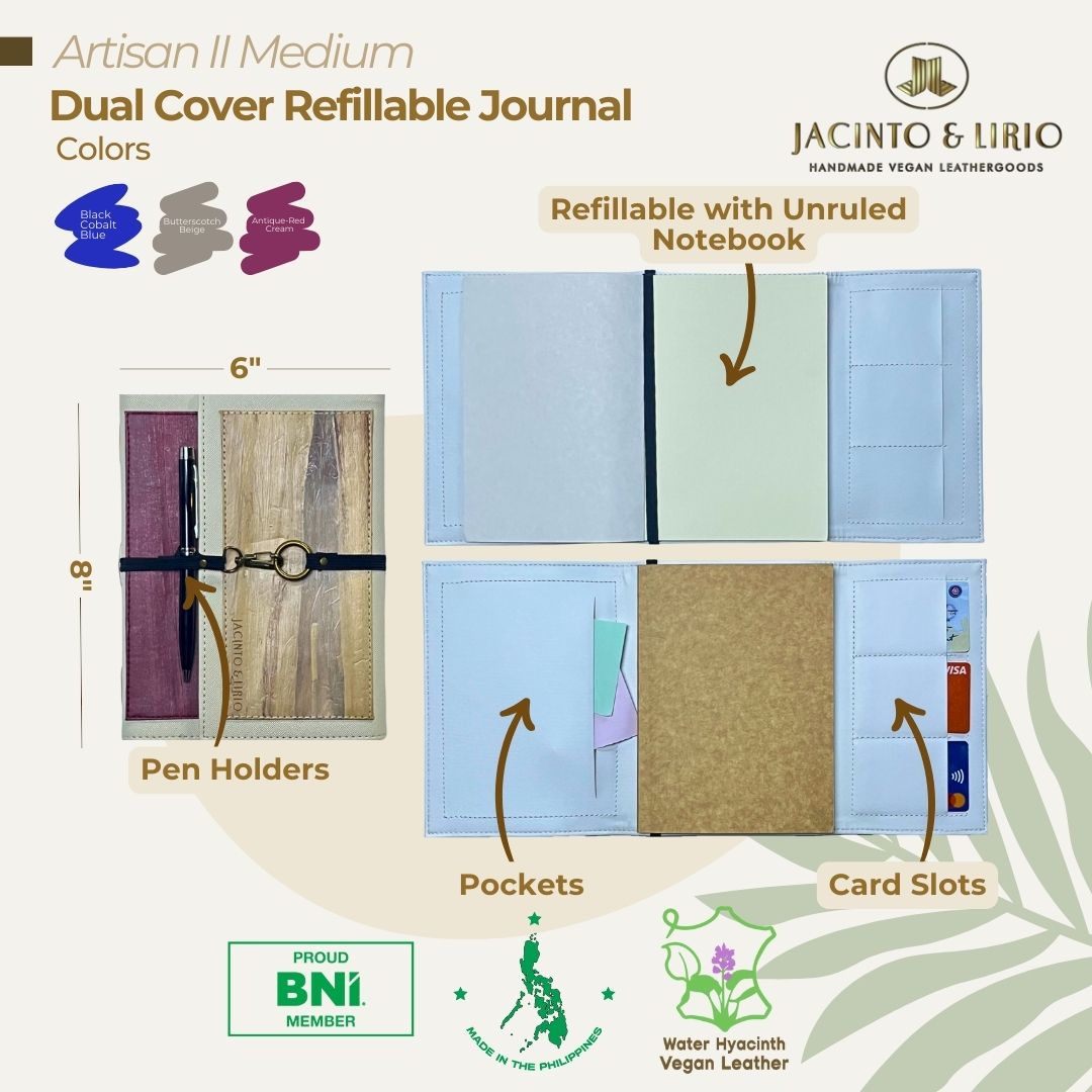 Jacinto & Lirio ARTISAN II MEDIUM A5 Leather Binder Refillable Notebook Journal with Dual Cover Design and Pocket