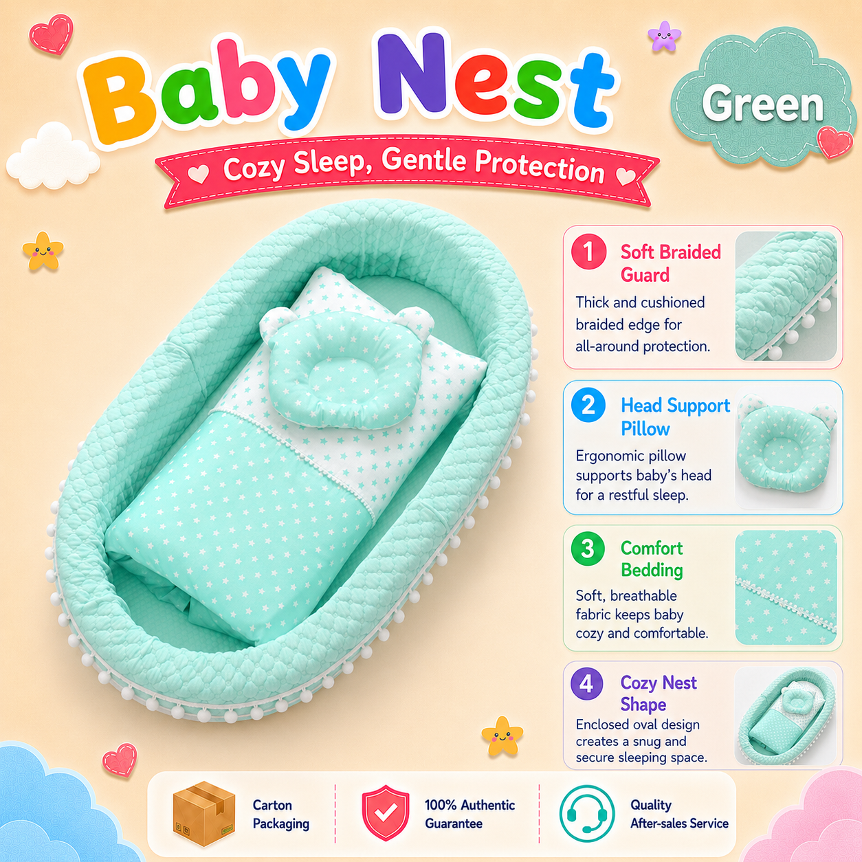 PlayPark Portable Baby Bed Foldable Travel Bassinet Newborn Baby Cot Co Sleeper Bedside Crib for Home Outdoor