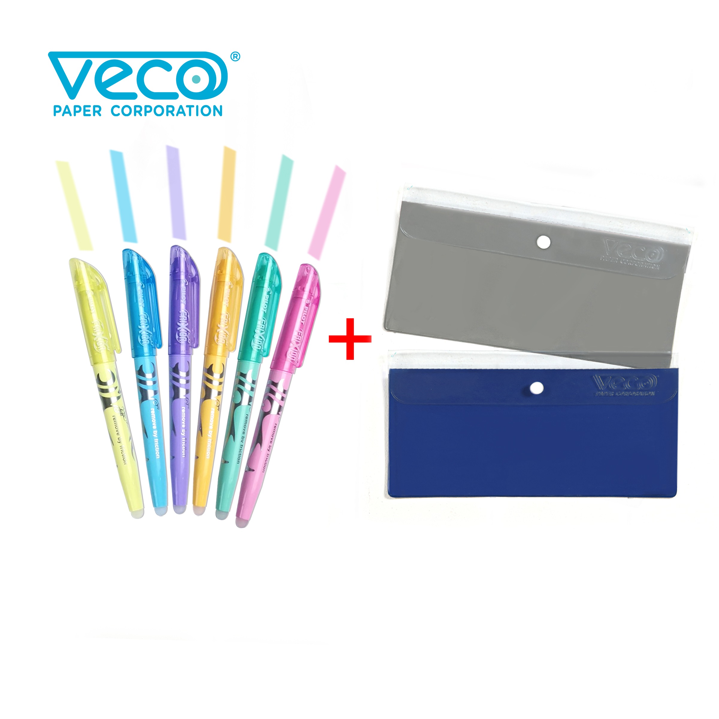 Pilot Frixion Light Highlighters Erasable (assorted color) 6pcs & 2 free Veco plastic envelope w/colored partition 9.5x4.75in