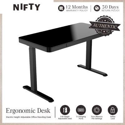 Nifty Ergonomic Electric Table, Height Adjustable Office Standing Desk with 3 Charging Ports, 4 memory pre-setting and Drawer, Ergonomic Desk, Glass Top Table (Black)