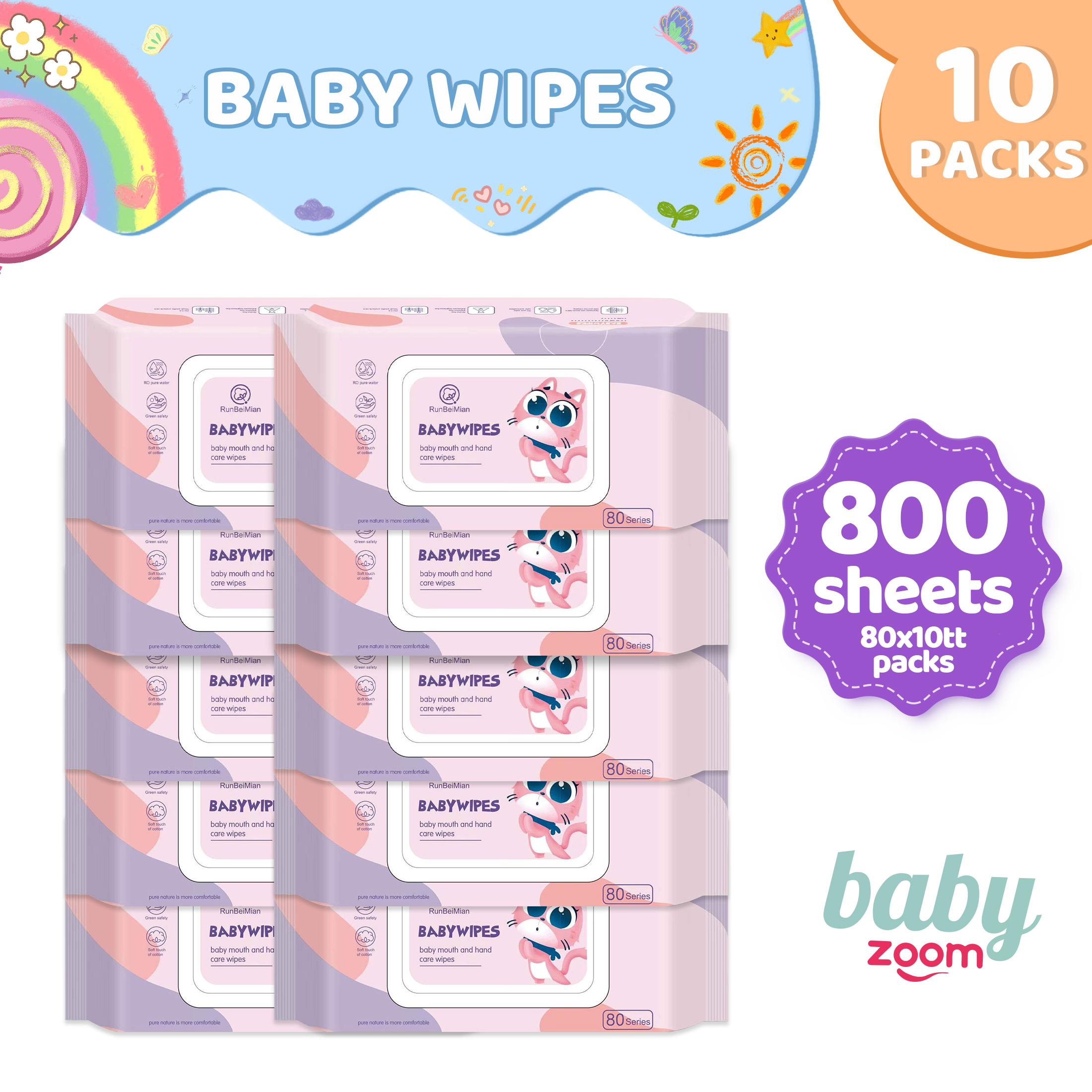 BabyZoom Baby Wipes Unscented 800Sheets 10Pack Wet Wipes for Baby Baby Skin Care New born Wipe for Kids Baby Water-locking Mouth and Hand Sensitive Skin Baby Care Moisturizing Skincare Essentials for Babies on Sale Newborn Essentials Baby Needs