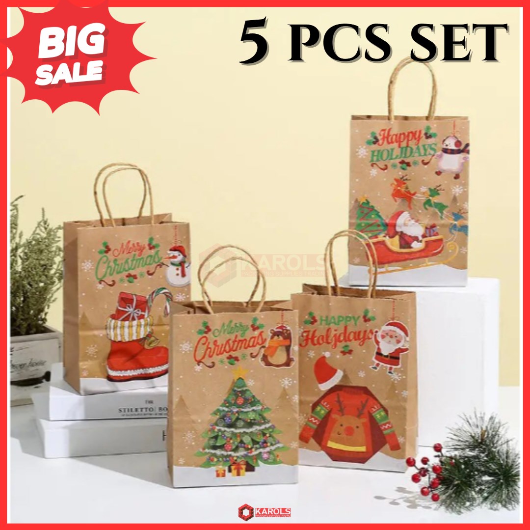 5PCS Random Christmas Kraft Paper With Handle Bag Decoration Gift Bags Packaging Bag