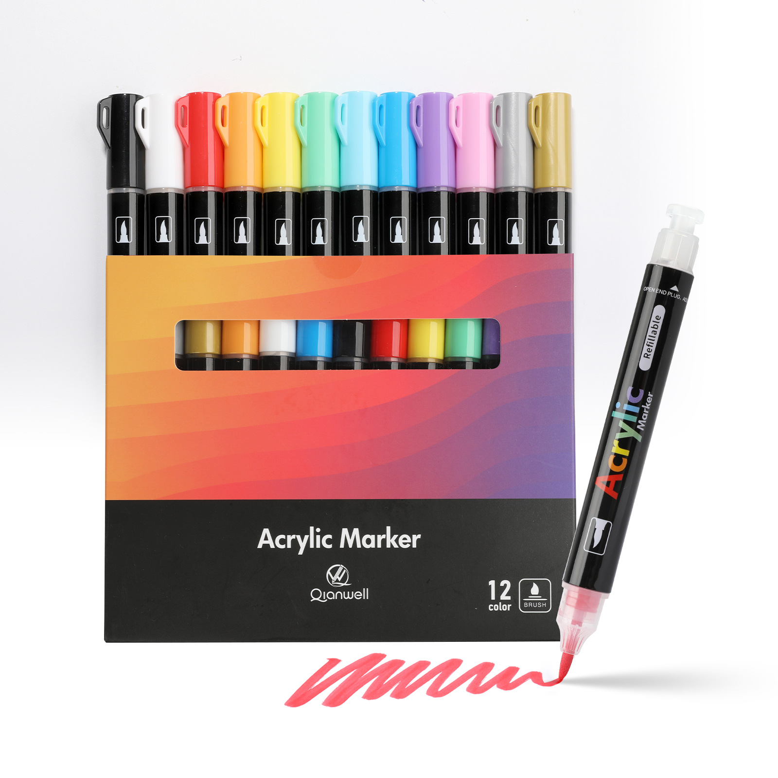 Miracle Works 12/24 Colors Rear-Valve Press-Type Refillable Brush Tip Acrylic Marker for Art