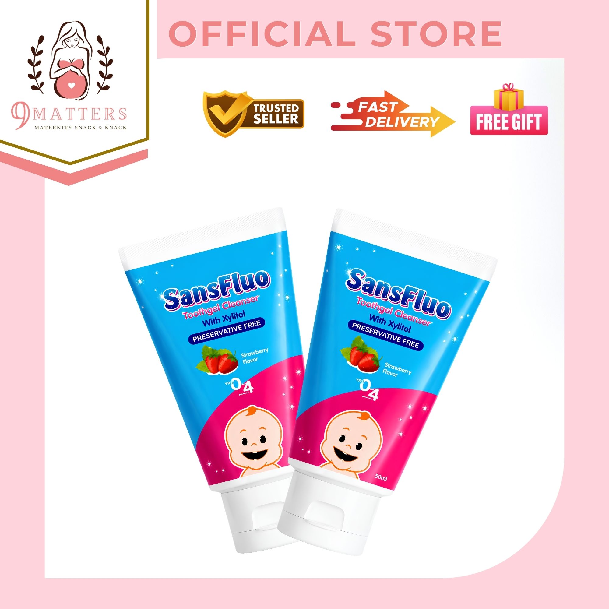 BUNDLE OF 2 STRAWBERRY | SansFluo Natural Toothgel Cleanser With Xylitol 50ml For Ages 0 To 4 Years Old