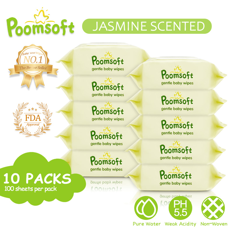 Poomsoft 10 Packs x 100 Sheet Jasmine Scented No-Alcohol Gentle Baby Wipes Wet Tissue Disposable