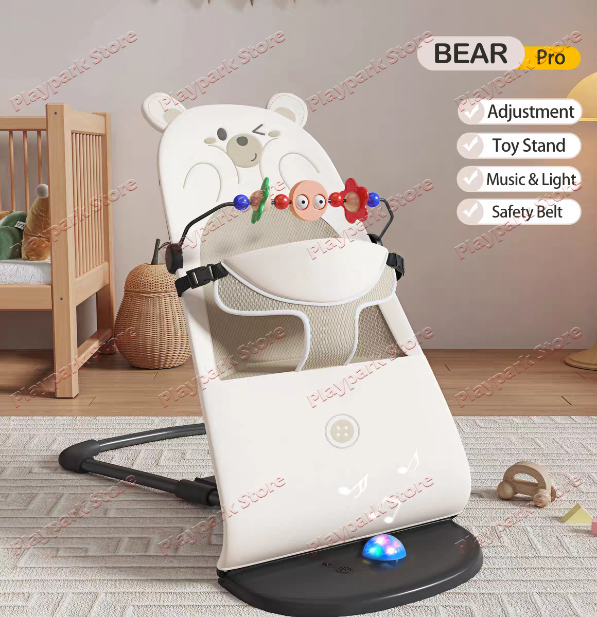 PlayPark Rocking Chair for Baby Foldable Bouncer for Newborn Multifunctional Chair with Toys & Pillow