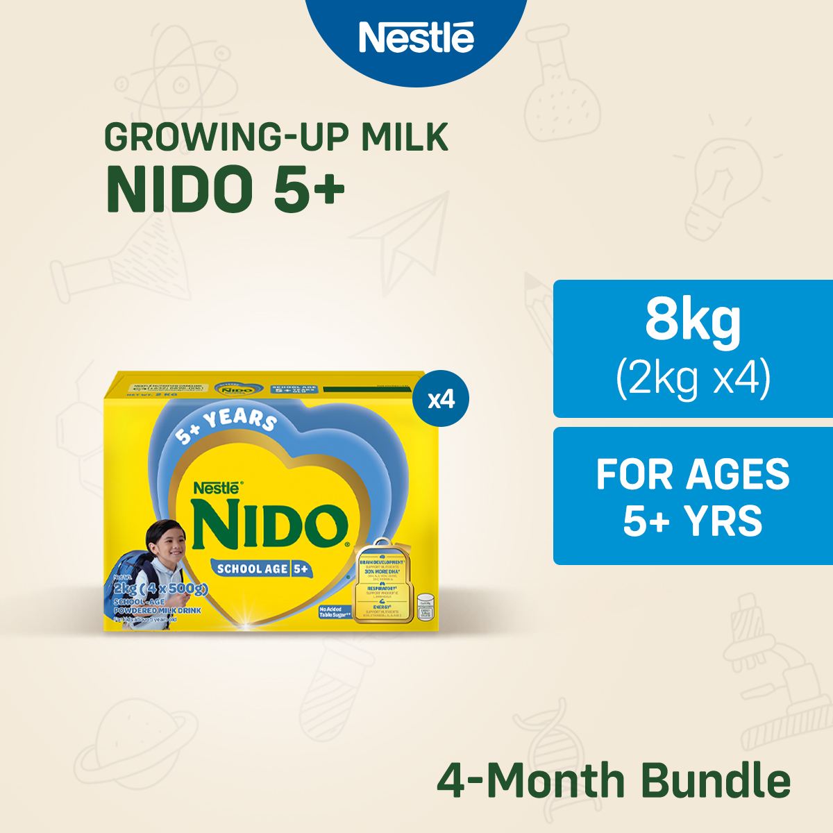 NIDO 5+ Growing-Up Milk Powder for School-Age Children 5+ Years Old 8kg (2kg x4)