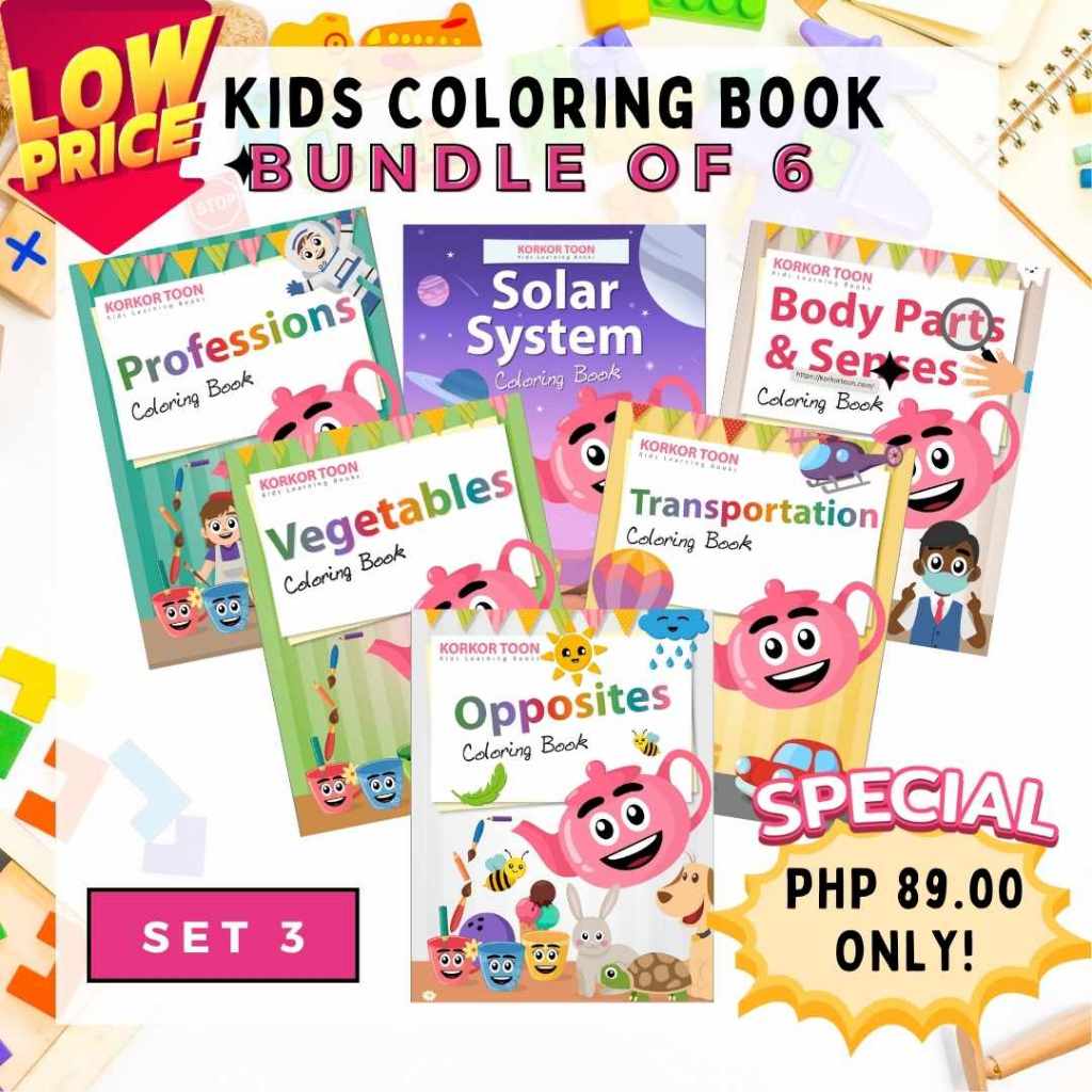 Coloring Books For Kids 6 pcs per Set Alphabet Colors Shapes Numbers Animals Body Parts Vegetables Professions Jobs Fruits Solar System