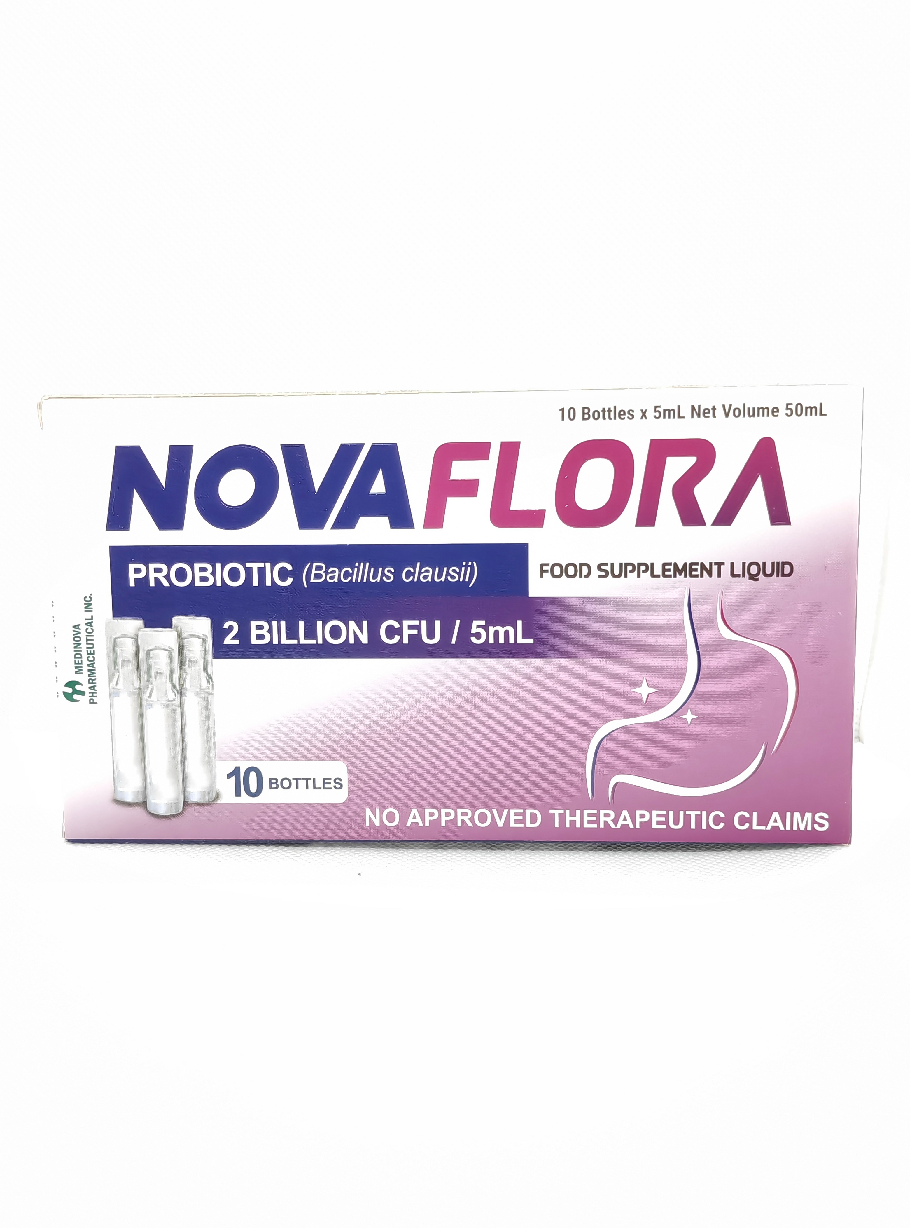 NovaFlora Probiotic Bacillus Clausii 2 Billion CFU/5mL – Gut Health Support 10 Mini Bottles