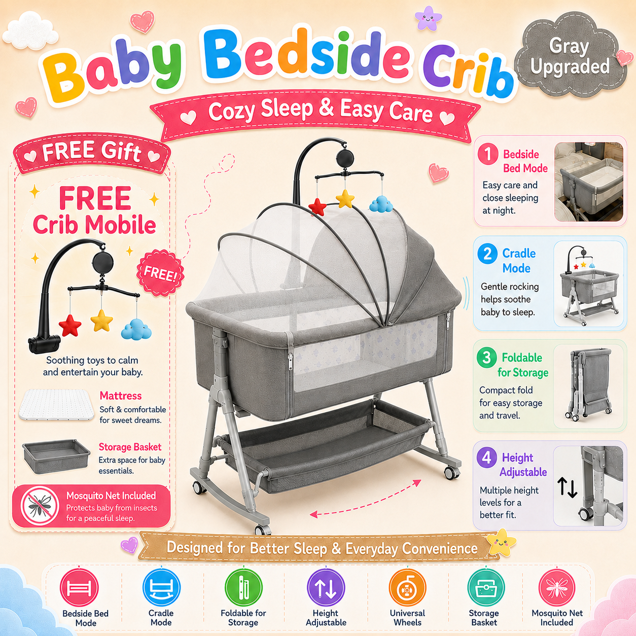 PlayPark Baby Crib for Newborn 3 in 1 Baby Rocker Bassinet Bed with Mosquito Net Mattress Storage Foldable Portable Cradle