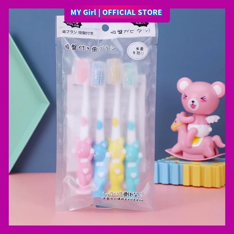 【MY Girl】4pcs Kids Soft Bristle Toothbrush With Toothpaste Set Baby Mousse Kids Silicone Teeth Care