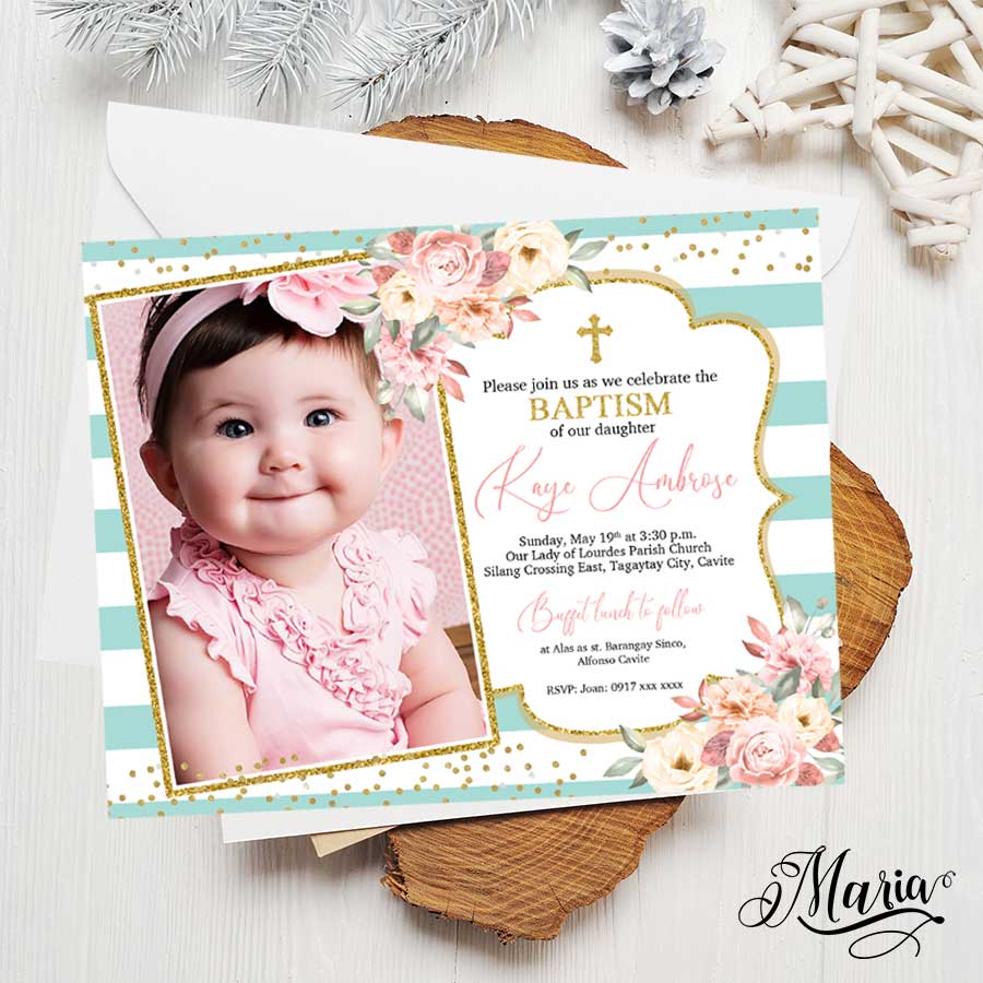 Green Baptismal Invitation Card for Christening 14 pcs