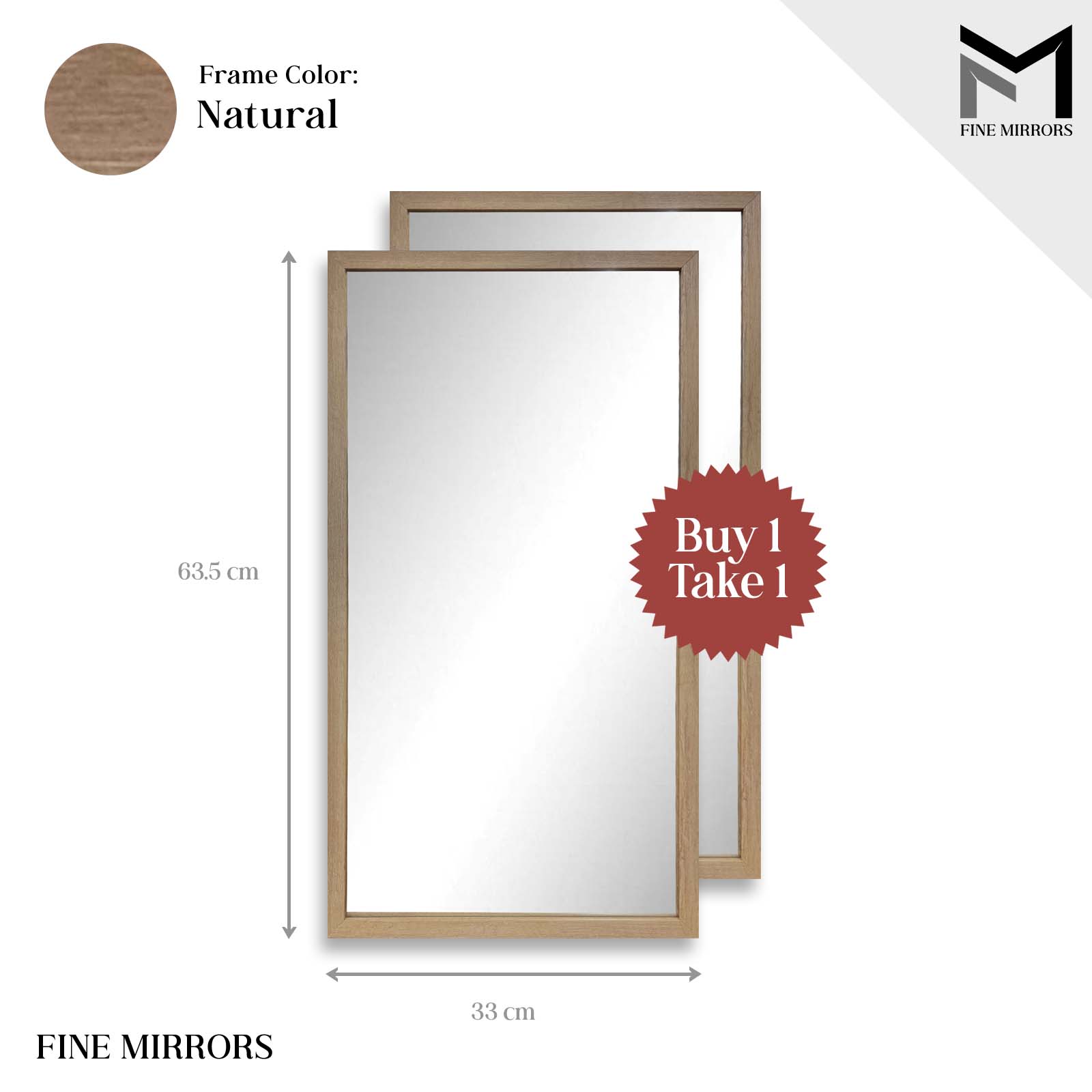 Fine Mirror [Buy 1 Take 1] Wall Mirror 12 x 24 Natural