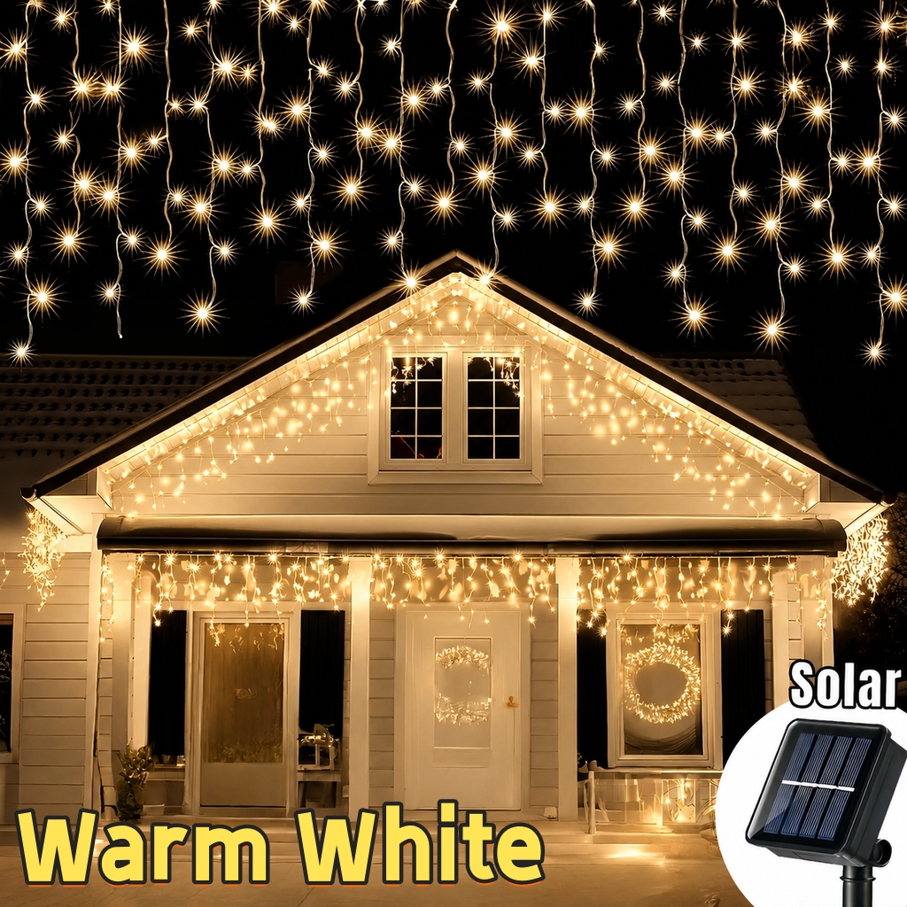 9M Solar Icicle Curtain Lights Waterproof Fairy Light Solar String Lights 8 Modes for Christmas Garden Tree Decoration