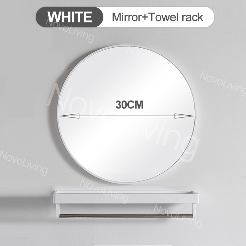 Novoliving Northern Europe Round Bathroom Mirror For Wall Decor with Shelf Matte Black Metal Frame Circle Vanity Mirror Wall Hanging Towel HD Waterproof Mirror