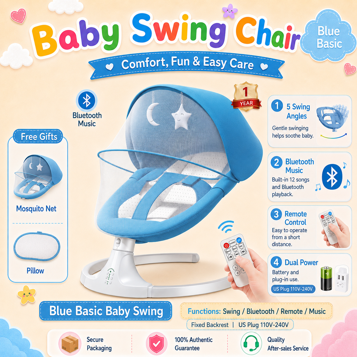 PlayPark Baby Electric Swing Chair Newborn Baby Rocker Automatic Soothing Bouncer with Music Timer Infant Rocking Seat