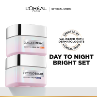 LOreal Paris Glycolic Bright Glowing Day and Night Cream Skincare Set (15mL / 50mL) - Brightening Dark Spots Dull Skin Glowing Skin